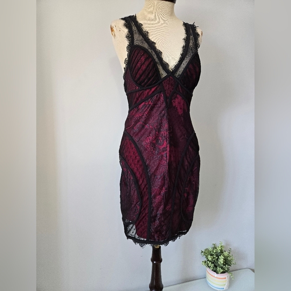 BEBE Bodice Style Black Lace Trimmed  Dress With Pink Underlay. Size Medium - Picture 2 of 12